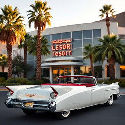 A sleek white 1957 Cadillac Eldorado parked elegantly in front of a stunning mid-century modern hotel, with a classic neon sign reading ‘Palm Springs Resort’ glowing vibrantly