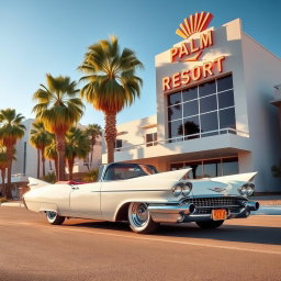 A sleek white 1957 Cadillac Eldorado parked elegantly in front of a stunning mid-century modern hotel, with a classic neon sign reading ‘Palm Springs Resort’ glowing vibrantly