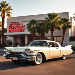 A sleek white 1957 Cadillac Eldorado parked elegantly in front of a stunning mid-century modern hotel, with a classic neon sign reading ‘Palm Springs Resort’ glowing vibrantly