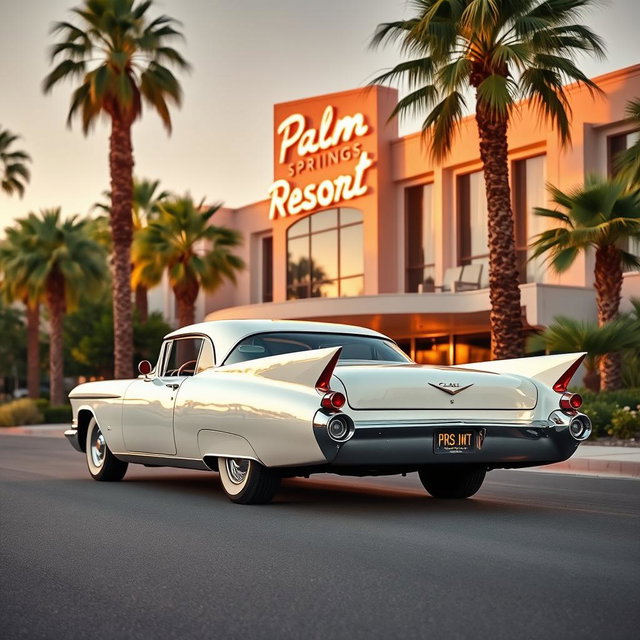 A sleek white 1957 Cadillac Eldorado parked elegantly in front of a stunning mid-century modern hotel, with a classic neon sign reading ‘Palm Springs Resort’ glowing vibrantly