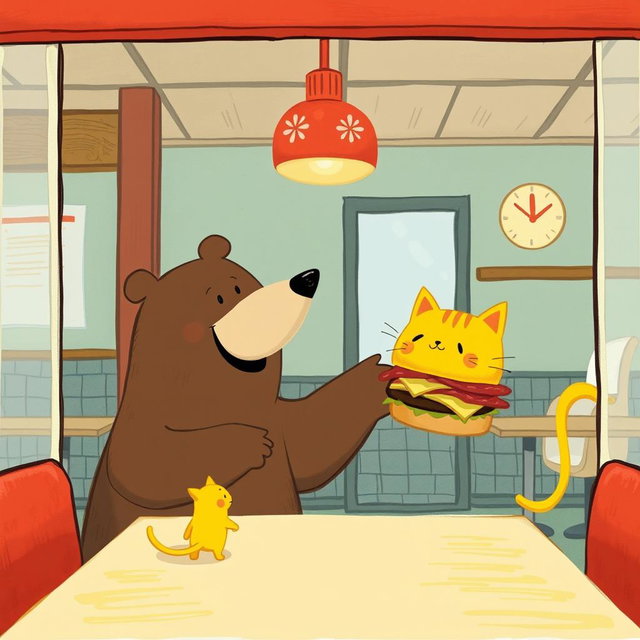 Inside a hamburger shop, a friendly brown bear is happily extending a delicious, aromatic hamburger towards a cute little yellow cat