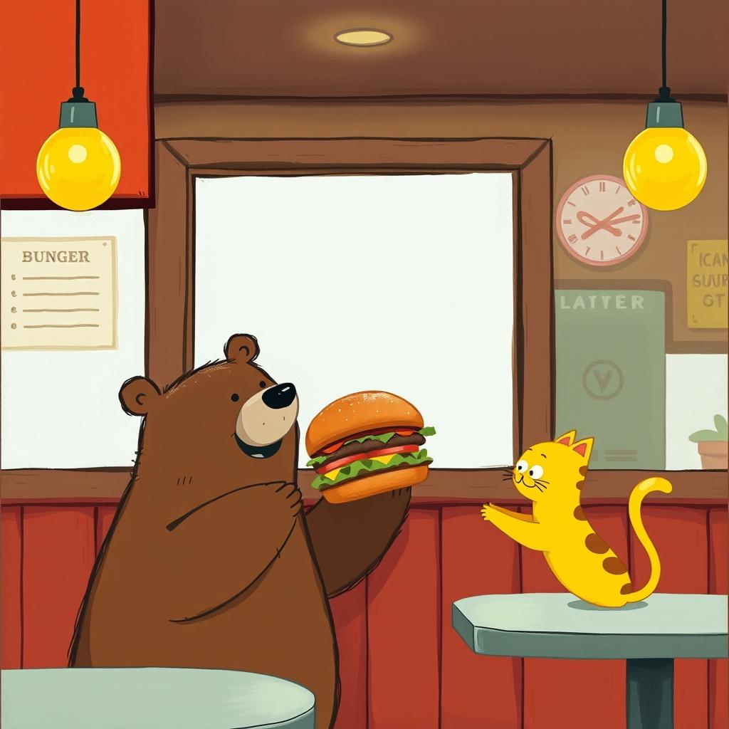 Inside a hamburger shop, a friendly brown bear is happily extending a delicious, aromatic hamburger towards a cute little yellow cat