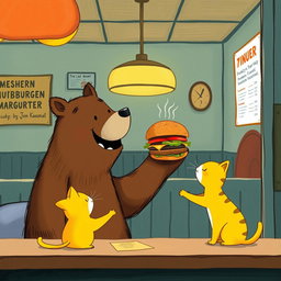 Inside a hamburger shop, a friendly brown bear is happily extending a delicious, aromatic hamburger towards a cute little yellow cat