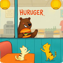 Inside a hamburger shop, a friendly brown bear is happily extending a delicious, aromatic hamburger towards a cute little yellow cat