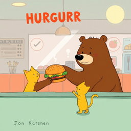 Inside a hamburger shop, a cheerful brown bear is extending a delicious, aromatic hamburger towards an adorable solid-colored little yellow cat