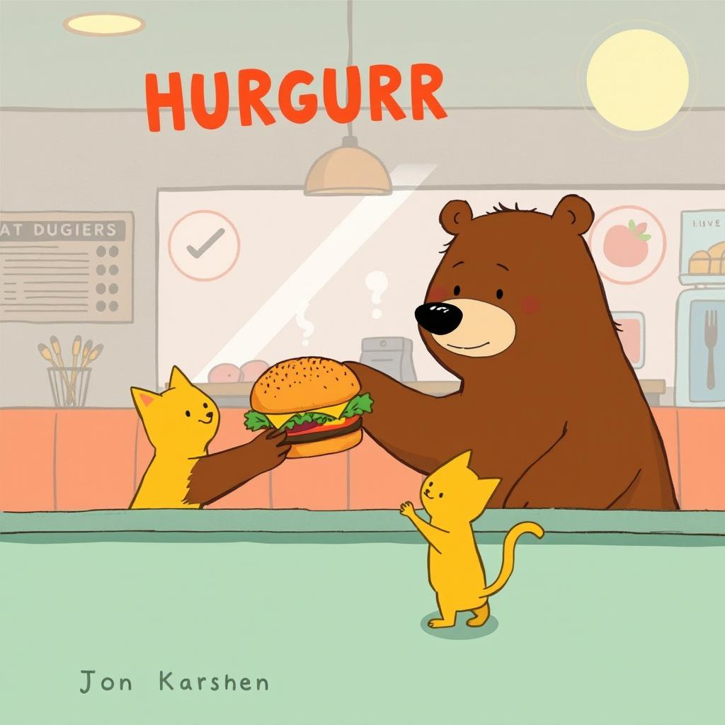 Inside a hamburger shop, a cheerful brown bear is extending a delicious, aromatic hamburger towards an adorable solid-colored little yellow cat