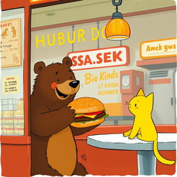 Inside a hamburger shop, a cheerful brown bear is extending a delicious, aromatic hamburger towards an adorable solid-colored little yellow cat