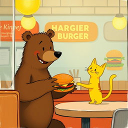 Inside a hamburger shop, a cheerful brown bear is extending a delicious, aromatic hamburger towards an adorable solid-colored little yellow cat