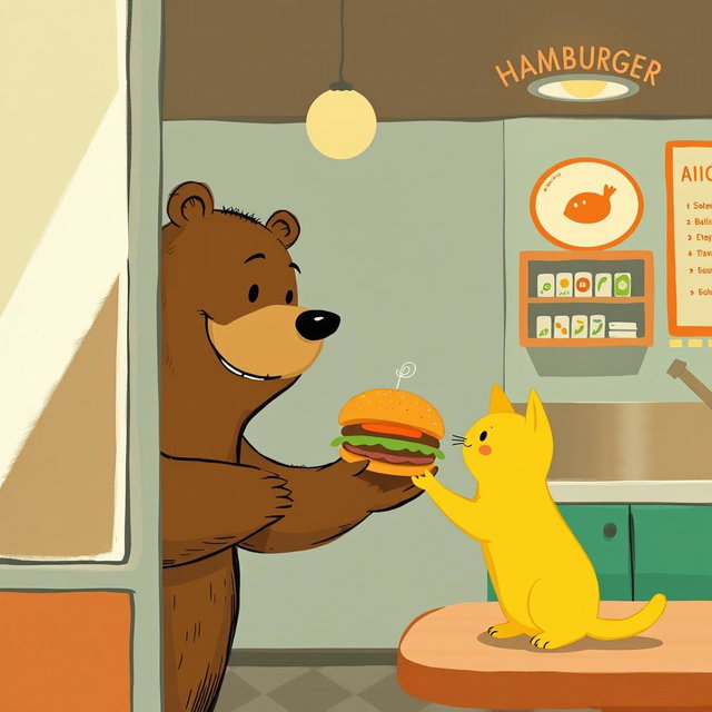 Inside a hamburger shop, a cheerful brown bear is extending a delicious, aromatic hamburger towards an adorable solid-colored little yellow cat