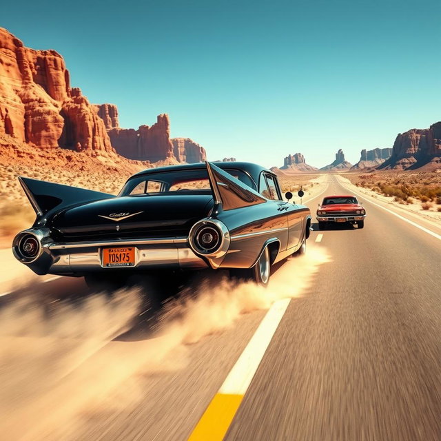 A sleek, jet-black 1959 Cadillac Eldorado roaring powerfully down an open desert highway, kicking up a dramatic cloud of dust as it overtakes a classic muscle car