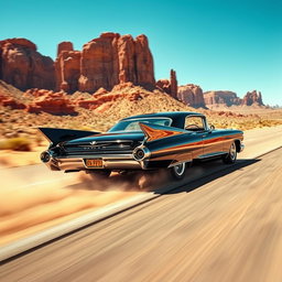 A sleek, jet-black 1959 Cadillac Eldorado roaring powerfully down an open desert highway, kicking up a dramatic cloud of dust as it overtakes a classic muscle car