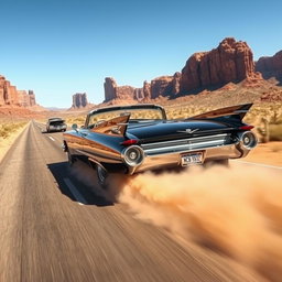 A sleek, jet-black 1959 Cadillac Eldorado roaring powerfully down an open desert highway, kicking up a dramatic cloud of dust as it overtakes a classic muscle car