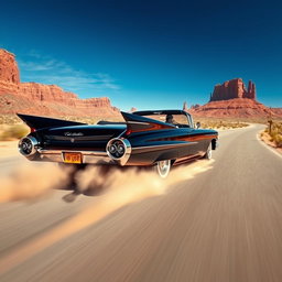 A sleek, jet-black 1959 Cadillac Eldorado roaring powerfully down an open desert highway, kicking up a dramatic cloud of dust as it overtakes a classic muscle car