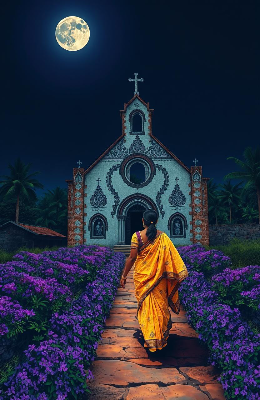 A ruined church bathed in the dim glow of moonlight, featuring intricate Kalamkari print designs