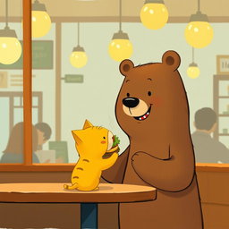 Inside a hamburger shop, a cute brown bear is cheerfully holding a delicious, aromatic hamburger, extending it towards an adorable solid-colored little yellow cat