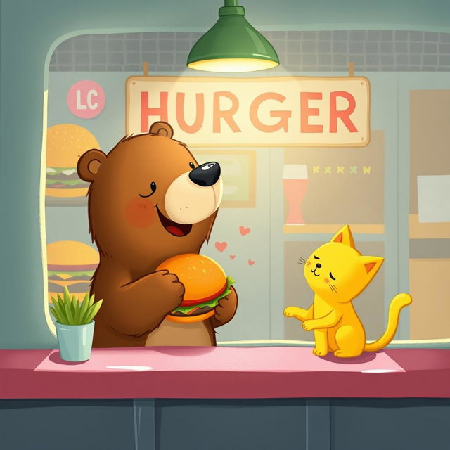 Inside a hamburger shop, a cute brown bear is cheerfully holding a delicious, aromatic hamburger, extending it towards an adorable solid-colored little yellow cat