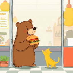 Inside a hamburger shop, a cute brown bear is cheerfully holding a delicious, aromatic hamburger, extending it towards an adorable solid-colored little yellow cat