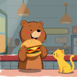 Inside a hamburger shop, a cute brown bear is cheerfully holding a delicious, aromatic hamburger, extending it towards an adorable solid-colored little yellow cat