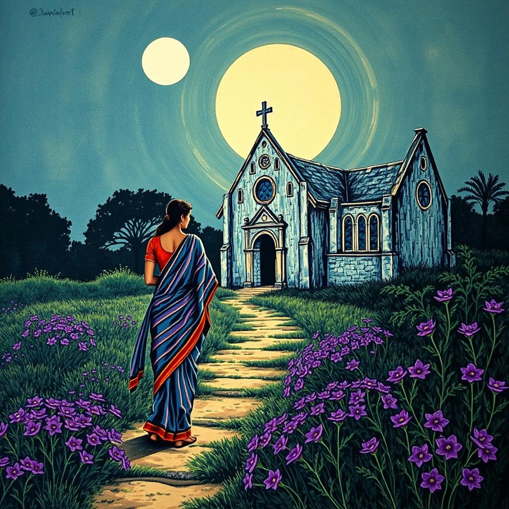 An exquisite Kalamkari print depicting a ruined church illuminated by the dim glow of moonlight
