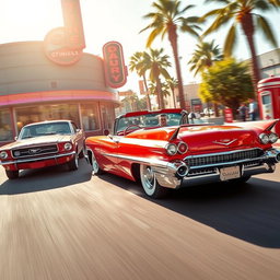 A vibrant candy-apple red 1957 Cadillac Eldorado convertible locked in an exhilarating high-speed street race against a classic 1960s Mustang, both tearing through a sunlit downtown district