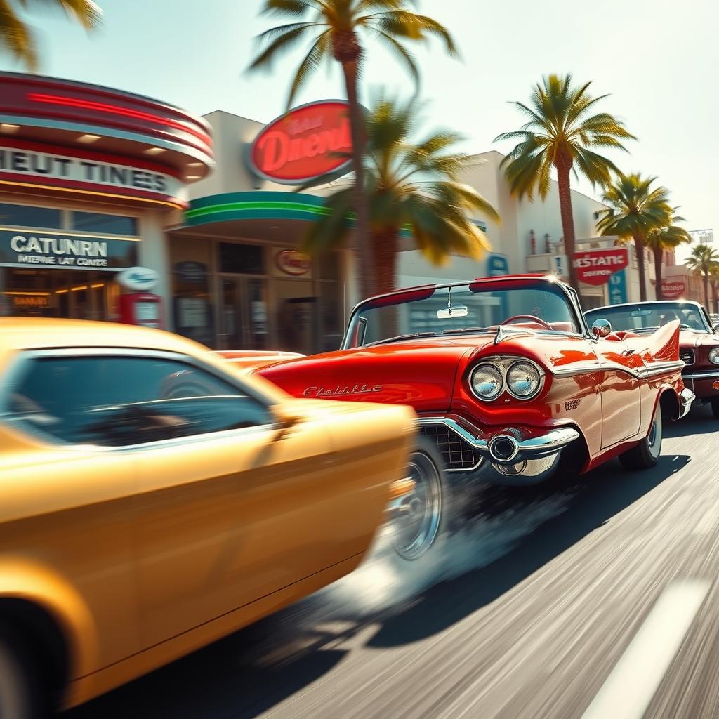 A vibrant candy-apple red 1957 Cadillac Eldorado convertible locked in an exhilarating high-speed street race against a classic 1960s Mustang, both tearing through a sunlit downtown district