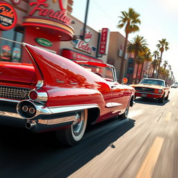A vibrant candy-apple red 1957 Cadillac Eldorado convertible locked in an exhilarating high-speed street race against a classic 1960s Mustang, both tearing through a sunlit downtown district