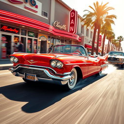 A vibrant candy-apple red 1957 Cadillac Eldorado convertible locked in an exhilarating high-speed street race against a classic 1960s Mustang, both tearing through a sunlit downtown district