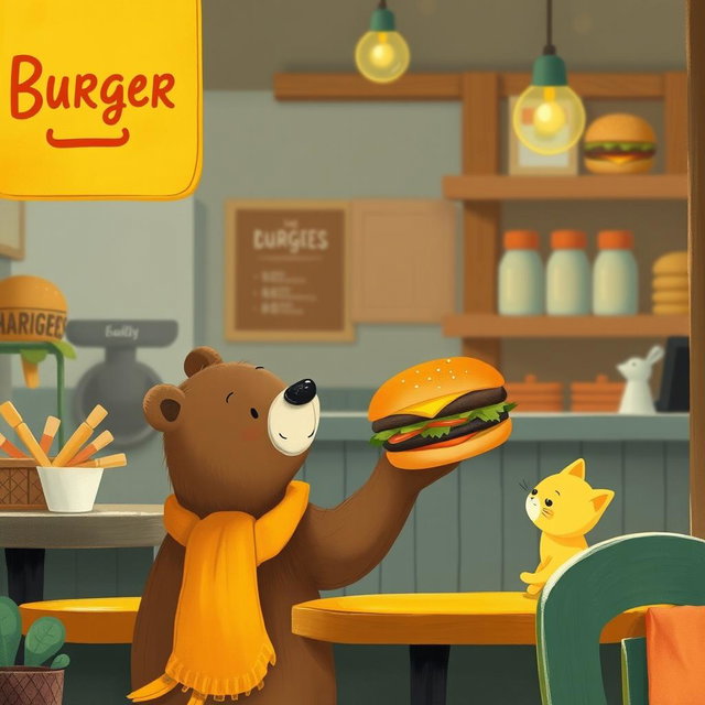 Inside a hamburger shop, a cute brown bear holds a delicious, aromatic hamburger, offering it to an adorable solid-colored little yellow cat