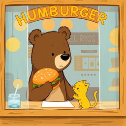 Inside a hamburger shop, a cute brown bear holds a delicious, aromatic hamburger, offering it to an adorable solid-colored little yellow cat