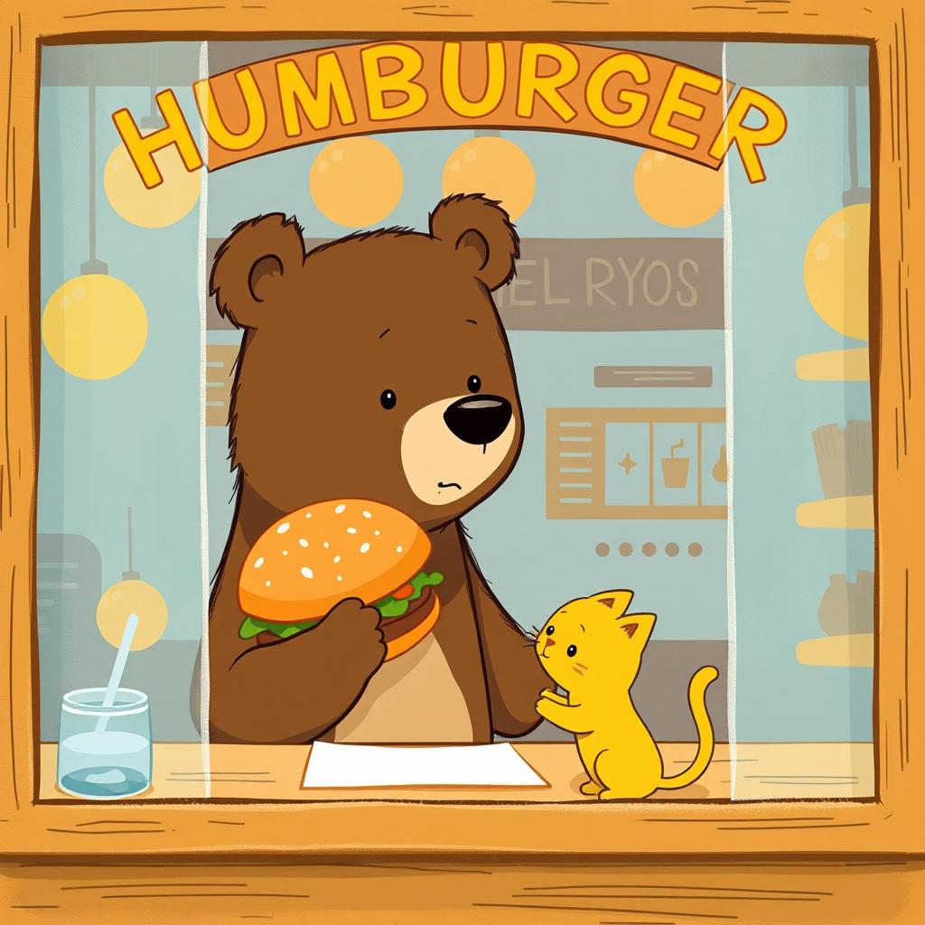Inside a hamburger shop, a cute brown bear holds a delicious, aromatic hamburger, offering it to an adorable solid-colored little yellow cat
