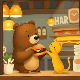 Inside a hamburger shop, a cute brown bear holds a delicious, aromatic hamburger, offering it to an adorable solid-colored little yellow cat