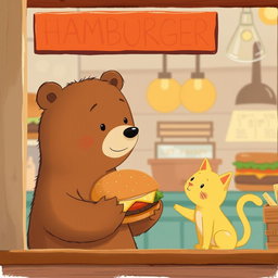 Inside a hamburger shop, a cute brown bear holds a delicious, aromatic hamburger, offering it to an adorable solid-colored little yellow cat