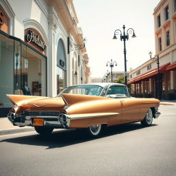 A stunning champagne-gold 1958 Cadillac Eldorado slowly rolling gracefully down a glamorous shopping district, passing by upscale boutiques with large, inviting display windows showcasing luxury items