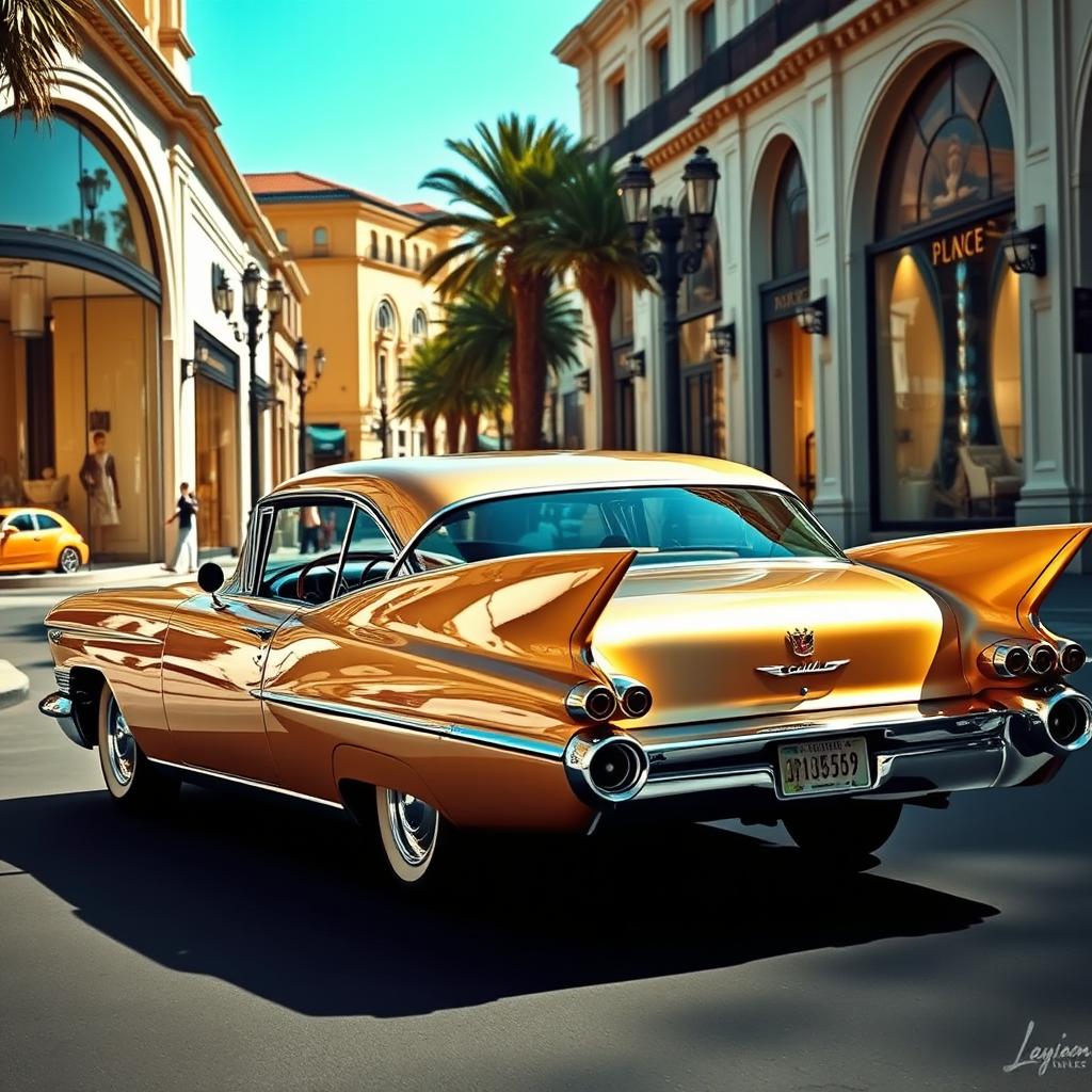 A stunning champagne-gold 1958 Cadillac Eldorado slowly rolling gracefully down a glamorous shopping district, passing by upscale boutiques with large, inviting display windows showcasing luxury items