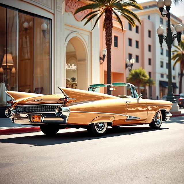 A stunning champagne-gold 1958 Cadillac Eldorado slowly rolling gracefully down a glamorous shopping district, passing by upscale boutiques with large, inviting display windows showcasing luxury items