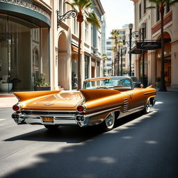 A stunning champagne-gold 1958 Cadillac Eldorado slowly rolling gracefully down a glamorous shopping district, passing by upscale boutiques with large, inviting display windows showcasing luxury items