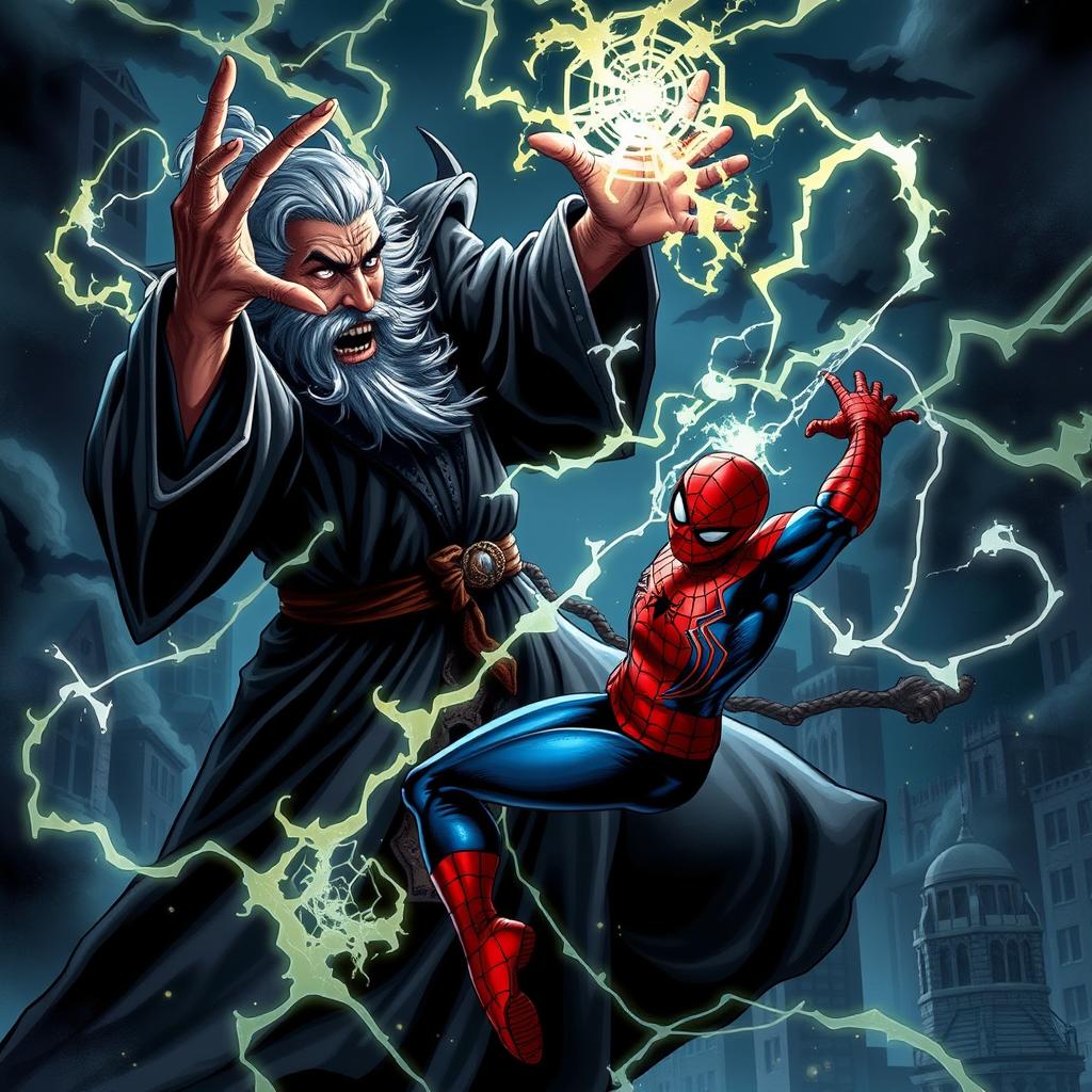 A terrifying wizard engaged in battle with Spider-Man, showcasing a dramatic scene filled with magical spells and web-slinging action