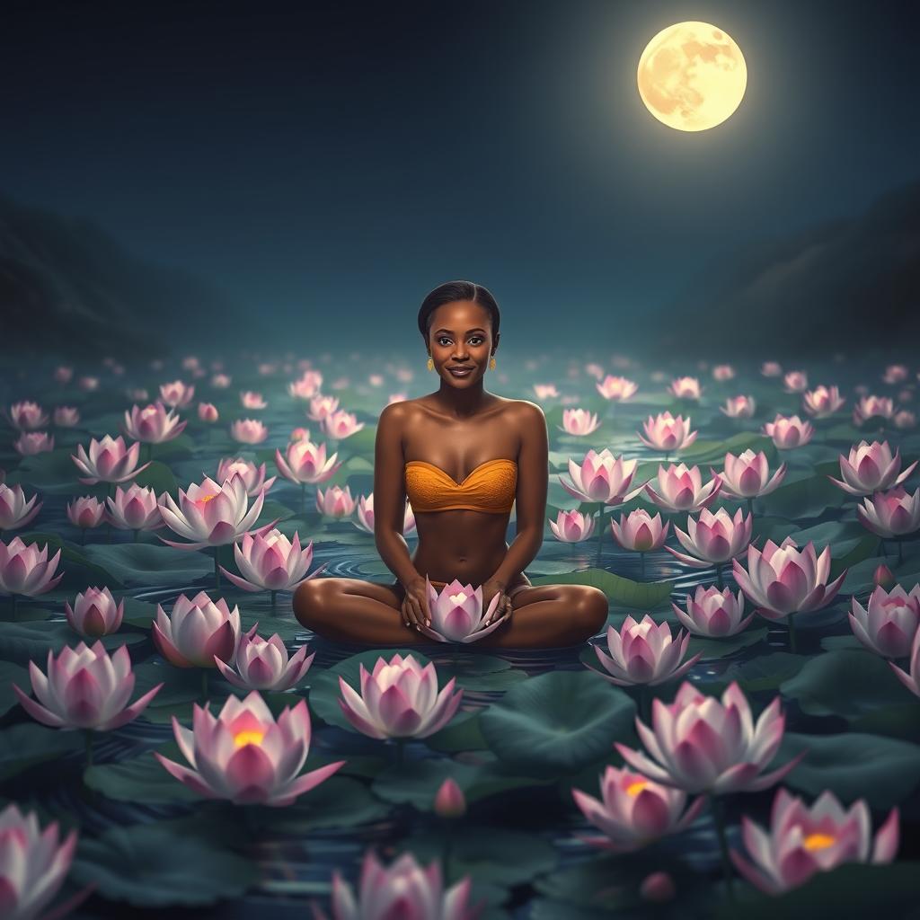 An enchanting night scene featuring a serene pond filled with blooming lotuses, their petals open under the soft light of the pale moon