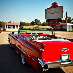 A vibrant cherry-red 1956 Cadillac Eldorado parked elegantly at a vintage drive-in theater just moments before the movie starts