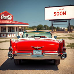 A vibrant cherry-red 1956 Cadillac Eldorado parked elegantly at a vintage drive-in theater just moments before the movie starts