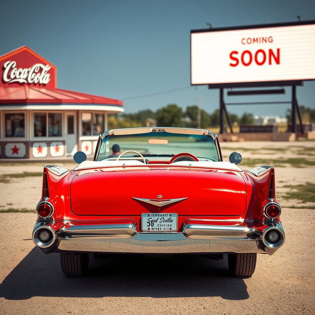 A vibrant cherry-red 1956 Cadillac Eldorado parked elegantly at a vintage drive-in theater just moments before the movie starts