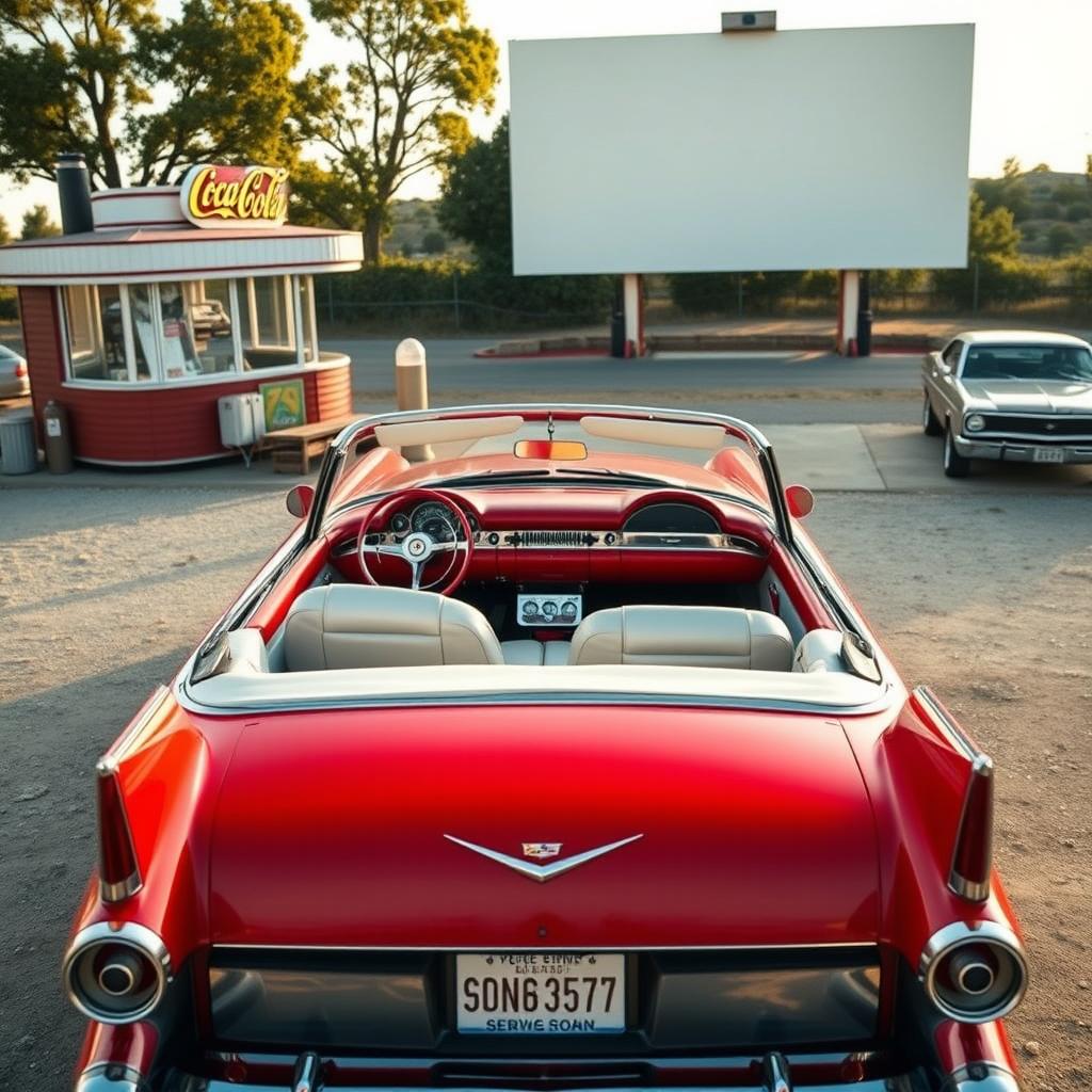 A vibrant cherry-red 1956 Cadillac Eldorado parked elegantly at a vintage drive-in theater just moments before the movie starts