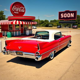A vibrant cherry-red 1956 Cadillac Eldorado parked elegantly at a vintage drive-in theater just moments before the movie starts