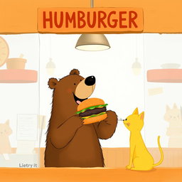 Inside a hamburger shop, a brown bear is joyfully holding out a delicious, aromatic hamburger to a cute solid-colored little yellow cat