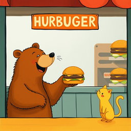 Inside a hamburger shop, a brown bear is joyfully holding out a delicious, aromatic hamburger to a cute solid-colored little yellow cat
