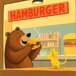 Inside a hamburger shop, a brown bear is joyfully holding out a delicious, aromatic hamburger to a cute solid-colored little yellow cat