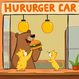 Inside a hamburger shop, a brown bear is joyfully holding out a delicious, aromatic hamburger to a cute solid-colored little yellow cat