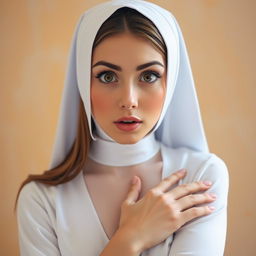 A beautiful 25-year-old woman dressed in a nun's habit, facing the camera directly with a surprised expression