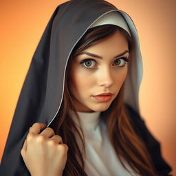 A beautiful 25-year-old woman dressed in a nun's habit, facing the camera directly with a surprised expression