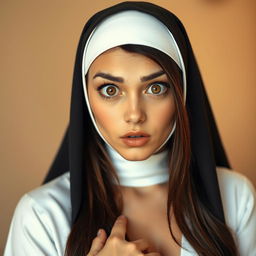 A beautiful 25-year-old woman dressed in a nun's habit, facing the camera directly with a surprised expression